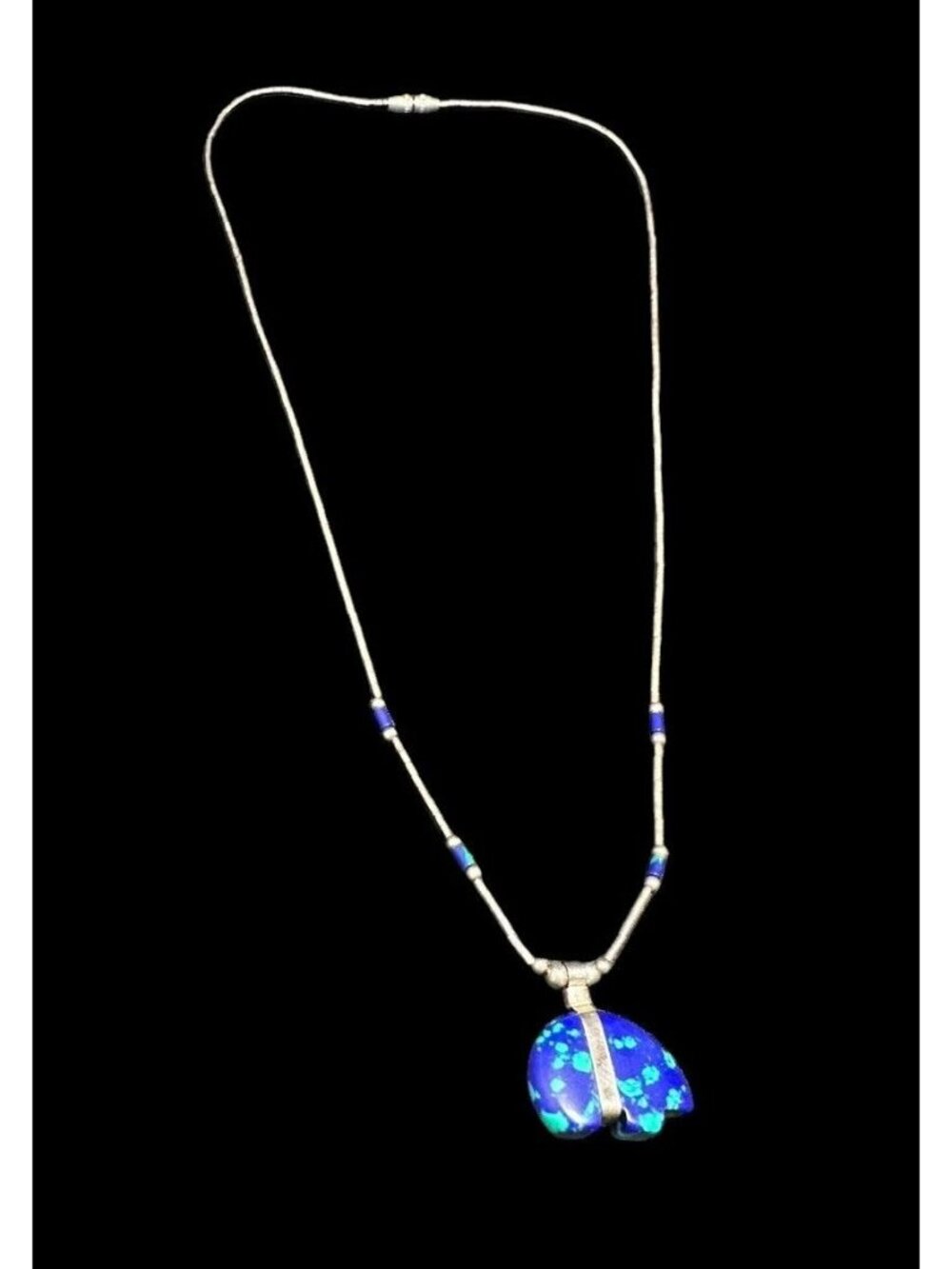 Liquid Silver Sterling Necklace Azurite Bear Pendant Beaded Barrel Clasp